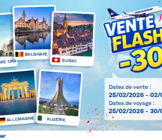 Nouvelair lance sa « Vente Flash » : –30 % vers le Royaume-Uni, la Belgique, la Suisse, l’Allemagne et l’Algérie