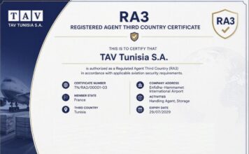 TAV Tunisie obtient la certification RA3 pour ses opérations de fret à l’Aéroport International Enfidha–Hammamet